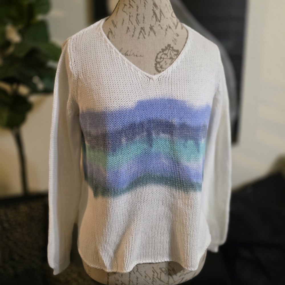Wooden Ships Light Weight White Sweater with Blue and Green Watercolor Stripes